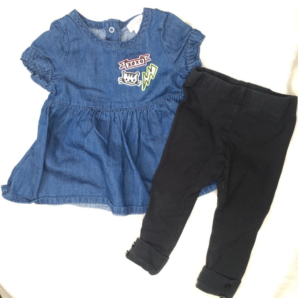 9M Set Denim Patch Dress + Heart Button Leggings